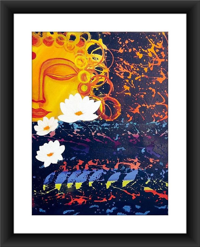 SHSWorks Buddha (Simplicity) Framed Fengshui Vastu Religious Wall Art Canvas Painting Signed by Artist for Living Room Bedroom Home & Office Décor Copyright Protected Digital Reprint 27 inch x 25 inch Painting  (With Frame)