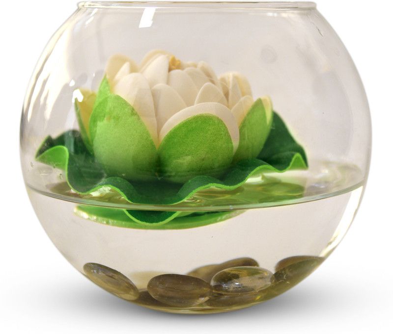 TIED RIBBONS Round glass vessel with faux Lotus and natural stones Flower Vases With Artificial Flowers Iron Vase  (5 inch, Multicolor)