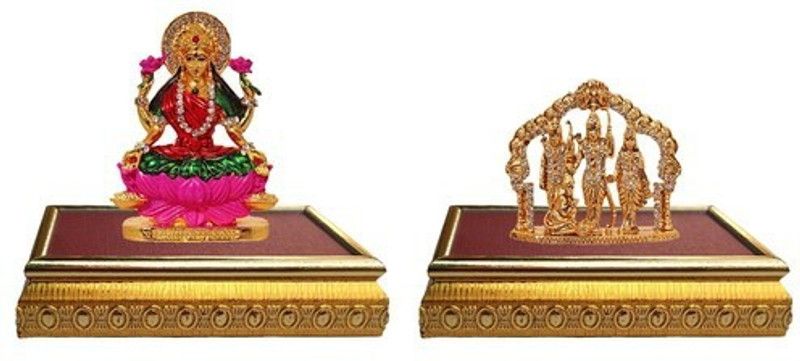 BEI Set of 2 with wooden base Goddess lakshmi Idol God Statue & Ram Darbar / Lord Rama ,Sita, Laxman and Hanuman Idol God Statue Decorative Showpiece Decorative Showpiece - 10 cm  (Brass, Multicolor)