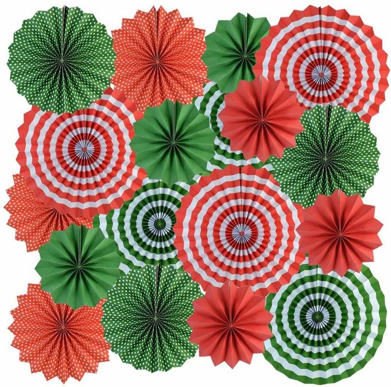 FLYER Party Hanging Paper Fans Set|12 Pcs Set| Round Pattern Garlands For Decorations| Pack of 12  (Red + Green)