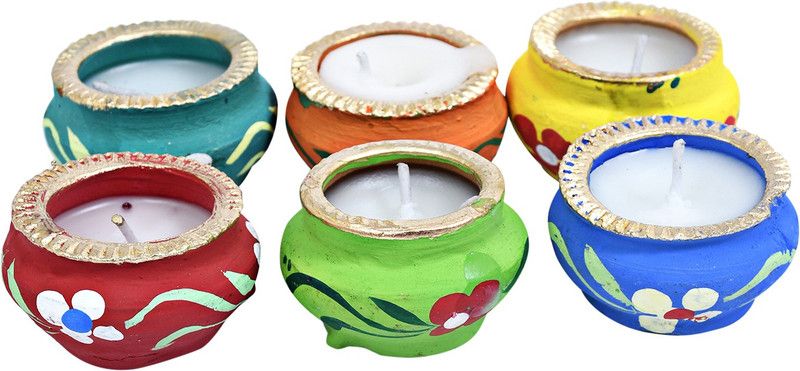 KING HANDICRAFTS Matki Diyas/Colourful Diya Set/Diya for Diwali- Set of 6 Candle  (Multicolor, Pack of 6)