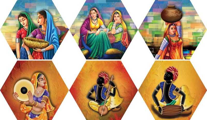 ARN DECOR INDIA 91.44 cm ARN DECOR RAJASTHANI WOMANS AND VILLAGE HEXAGONAL SCENERY STICKER Self Adhesive Sticker  (Pack of 1)