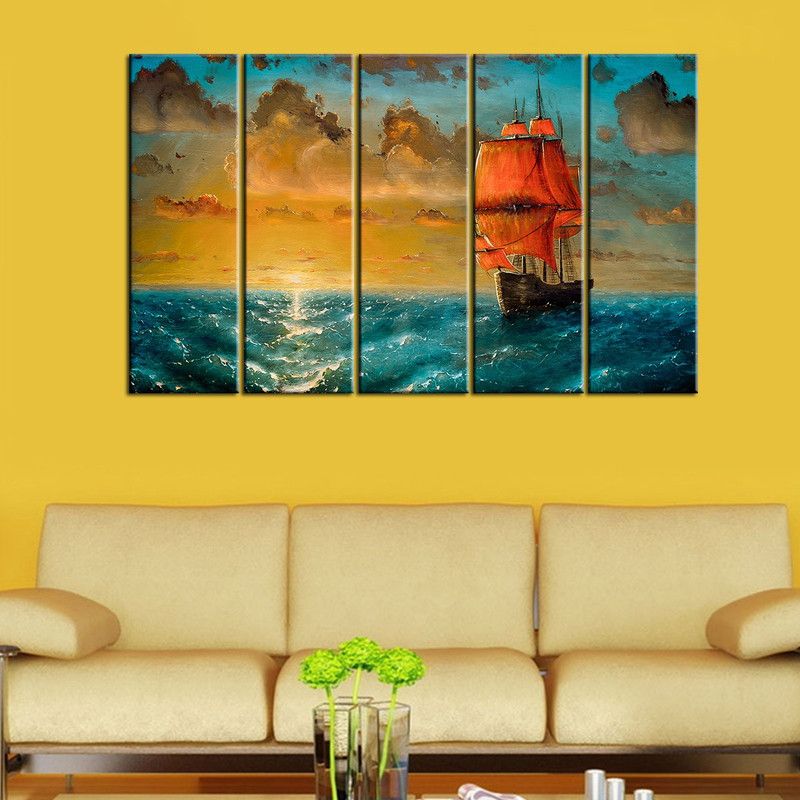 uDecore Sun Rising with boat in the Sea Wall Painting/Garden Wall Painting/Canvas Print Wall Hanging/Home Decor for Living Room, Bedroom, Office Decoration in 5 Panel set Canvas 24 inch x 39.3 inch Painting  (With Frame)