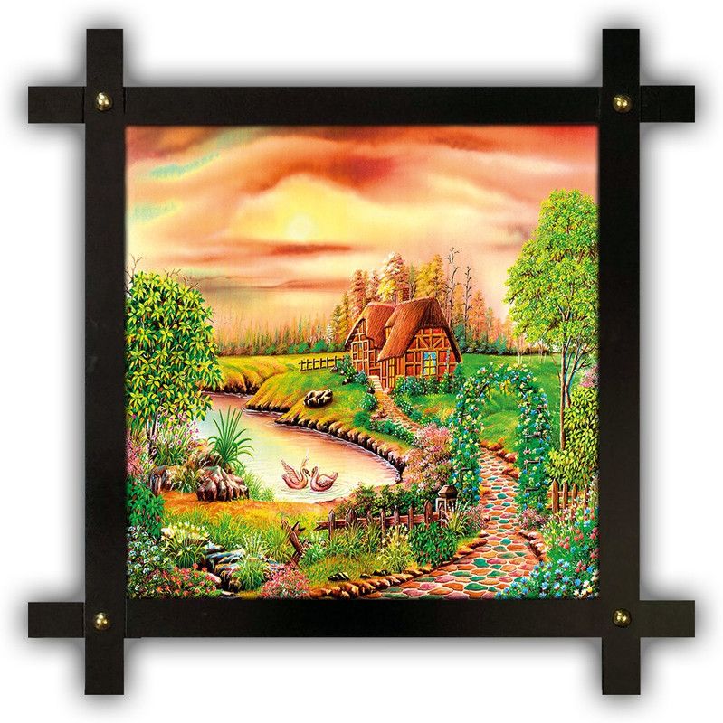 Poster N Frames Cross Wooden Frame Hand-Crafted with photo of Hand Painting Landscape Scenery 17379 Digital Reprint 16.5 inch x 16.5 inch Painting  (With Frame)
