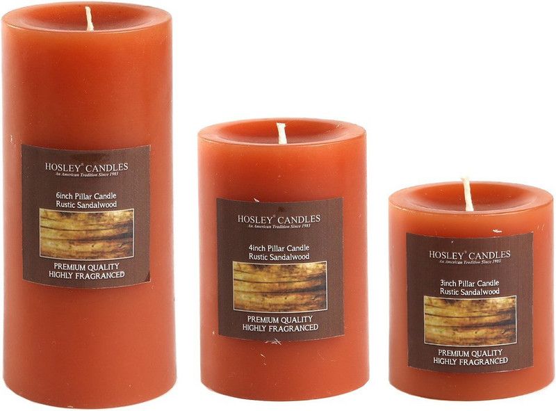 Hosley Set 3 Decorative Rustic Sandalwood Highly fragranced Pillar Candle Candle  (Brown, Pack of 3)