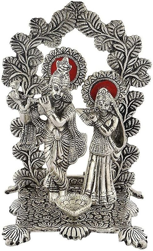 anil job works Metal Radha Krishna Idol with Intricately Carved Frame and Diya Religious Showpiece for Home Decor and Gifts Decorative Showpiece - 20 cm  (Metal, Silver)