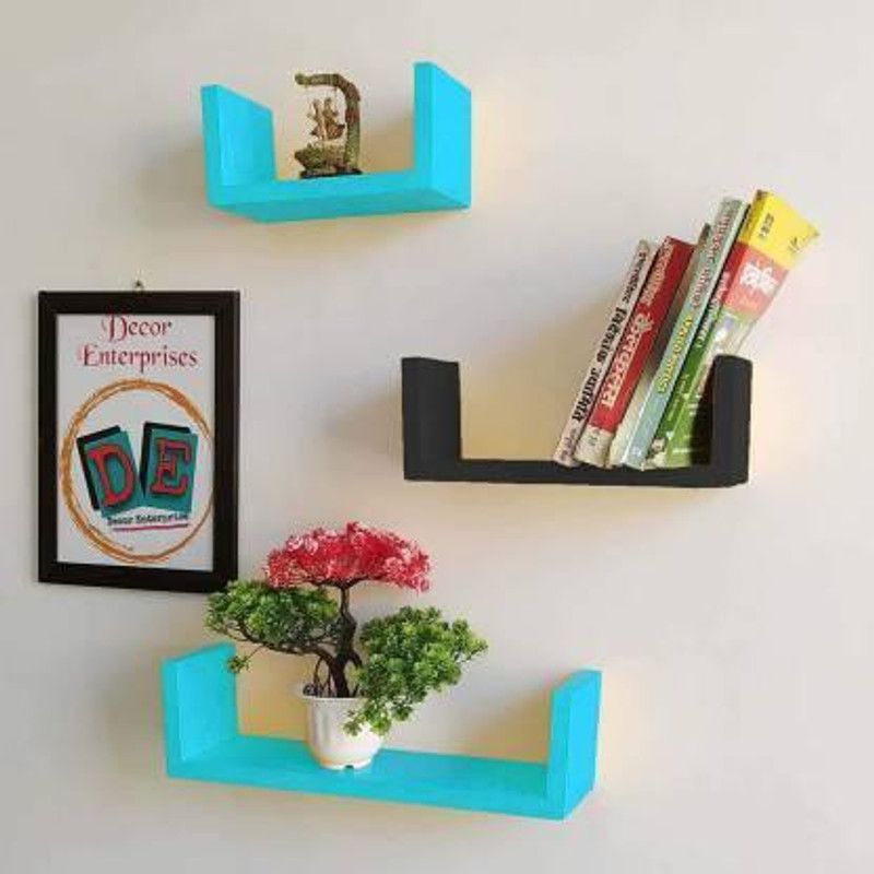 Anas Art Anas Art U Rack Wooden Wall Shelf (Number of Shelves - 3,Blue Black) Wooden Wall Shelf  (Number of Shelves - 1, Blue, Black)