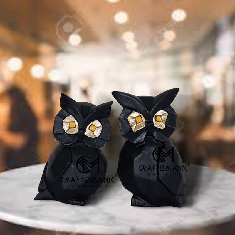 Craftomanic Handicrafted Resin Geometrical Pair of Owl Feng Shui Showpiece for Home Decor Decorative Showpiece - 16 cm  (Polyresin, Black)