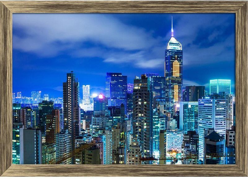 Hong Kong Cityscape Canvas Painting Antique Golden Frame 20.2x14inch (51x36cms) Canvas 14 inch x 20.2 inch Painting