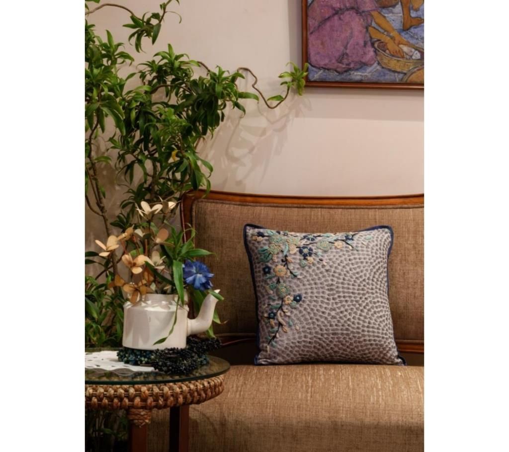 Bouquet/ Indigo Printed & Hand Embroidered Cushion Cover by Ivoryniche