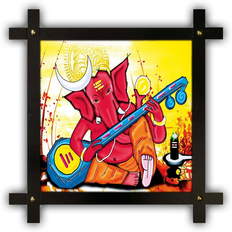 Poster N Frames Cross Wooden Frame Hand-Crafted with photo of Ganeshji (ganpati) 14523-crossframe Digital Reprint 16.5 inch x 16.5 inch Painting  (With Frame)