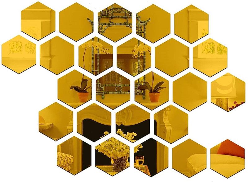 HAPPINY Hexagon mirror wall stickers, acrylic mirror wall decor sticker, Pack of 25  (Golden)