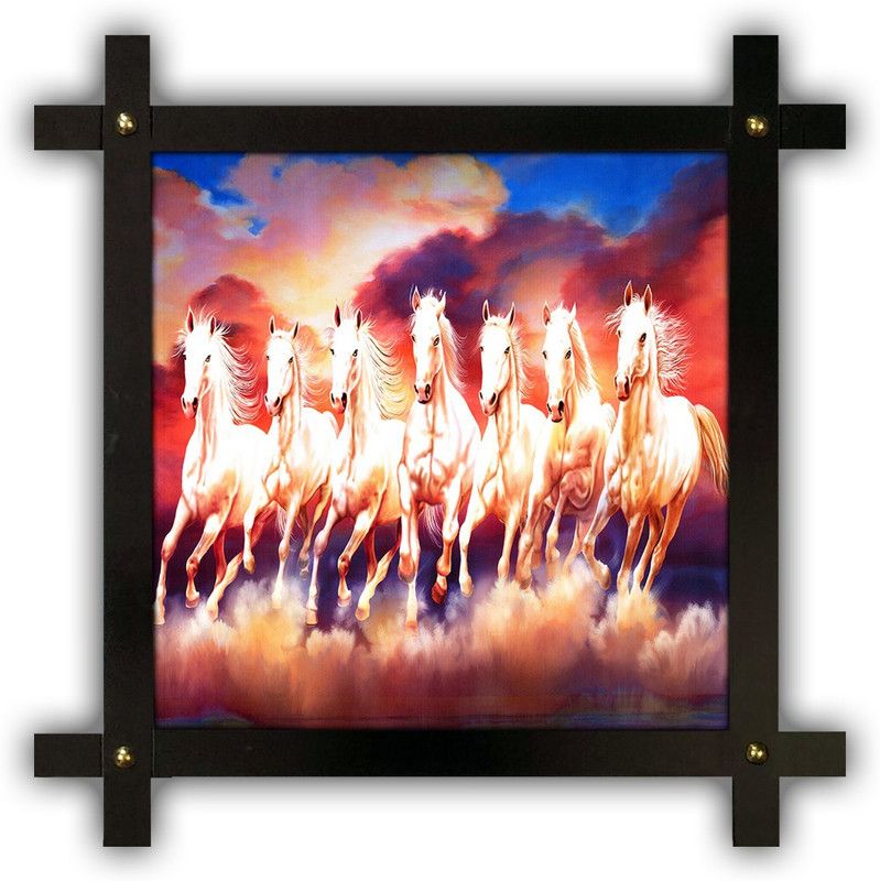 Poster N Frames Cross Wooden Frame Hand-Crafted with photo of vastu 7 (Seven) Horse 17544 crossframe Digital Reprint 16.5 inch x 16.5 inch Painting  (With Frame)