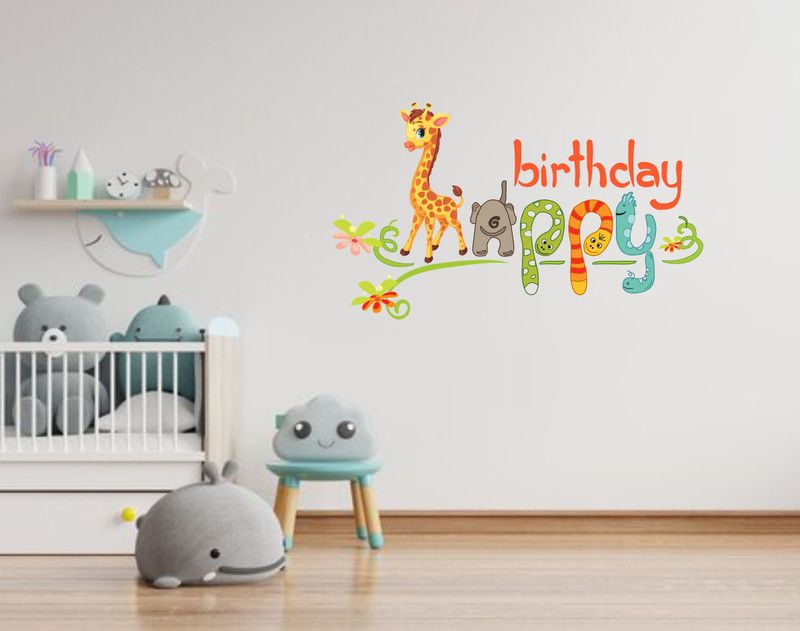 SUDARSHAN STICKER 58 cm Happy Birthday Cartoon Cute Animals Wall Sticker, Birthday Special|PVC Vinyl, DIY Removable Peel and Stick Decal 'Covers H 58 cm x W 99 cm' Self Adhesive Sticker  (Pack of 1)