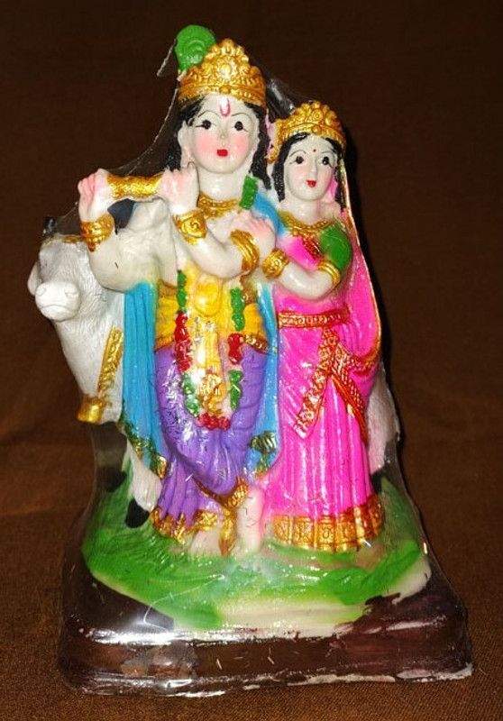 nik city store Radha Krishna cow plateform murti Sculpture statue idol Lamination Decorative Showpiece - 22 cm  (Plastic, Multicolor)