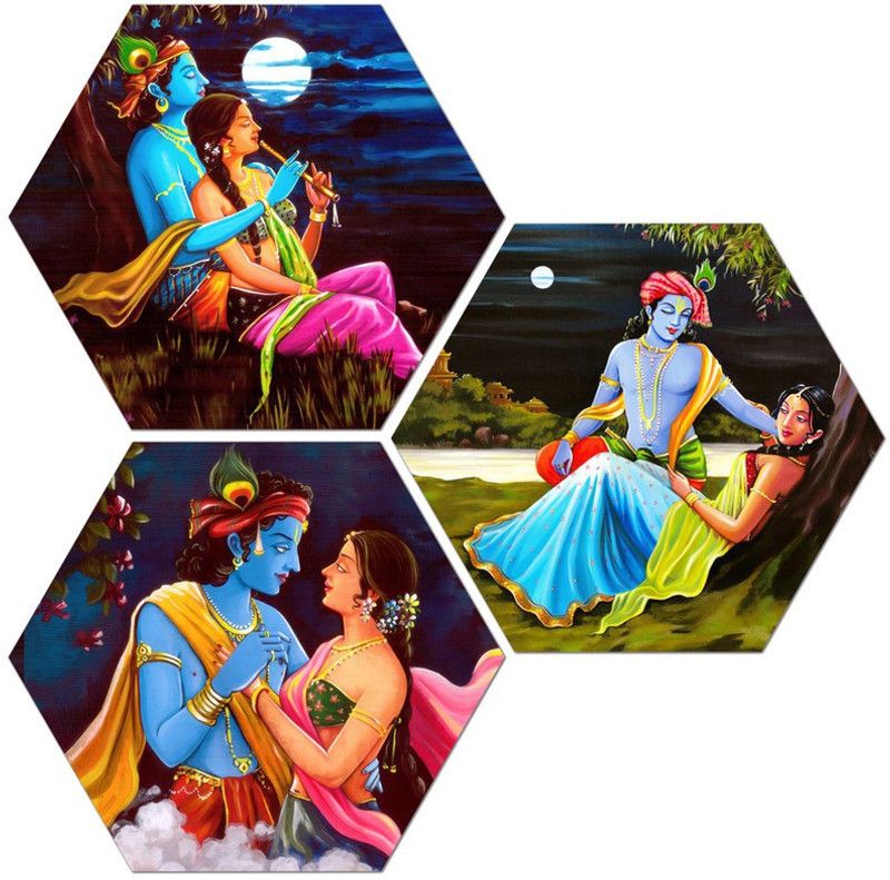 WALLMAX Set of 3 Radha Krishna Hexagon UV Textured Digital Reprint 17 inch x 17 inch Painting  (Without Frame, Pack of 3)
