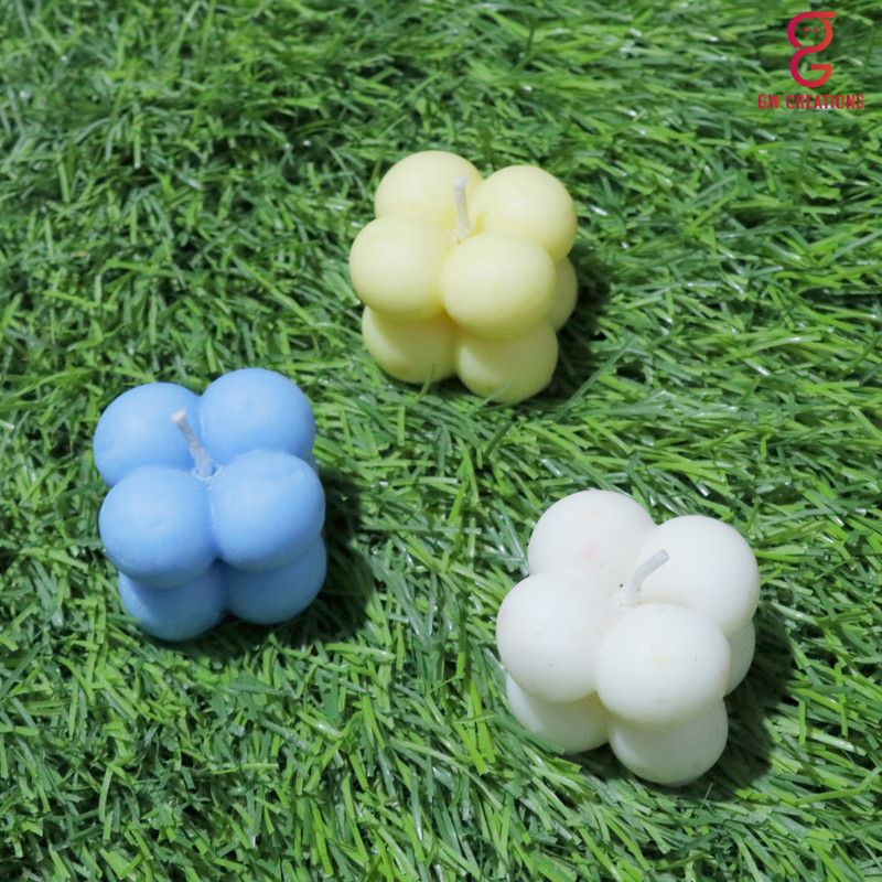GW Creations Small Bubble Sandalwood Lemon Grass Mogra Scented Candle Candle  (Yellow, Blue, White, Pack of 3)