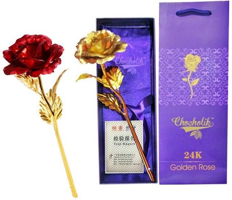 GoodsBazaar Golden Rose 10 Inches With Gift Box Red, Gold Rose Artificial Flower  (25 inch, Pack of 2, Flower Bunch)