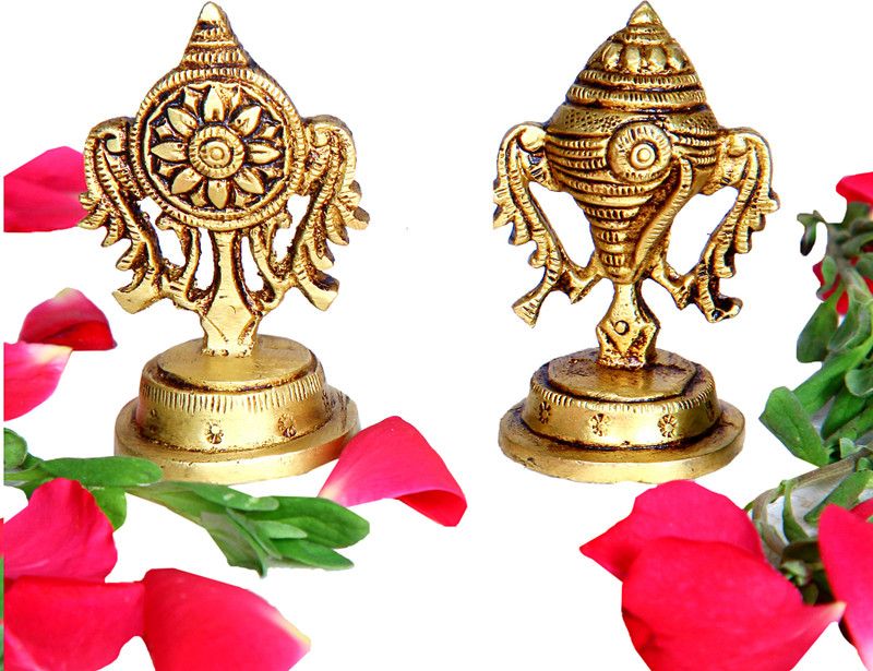 aalayam selveer Brass Shankh Chakra Set Small | Small Sangu Chakram Set Decorative Showpiece - 5.8 cm  (Brass, Gold)