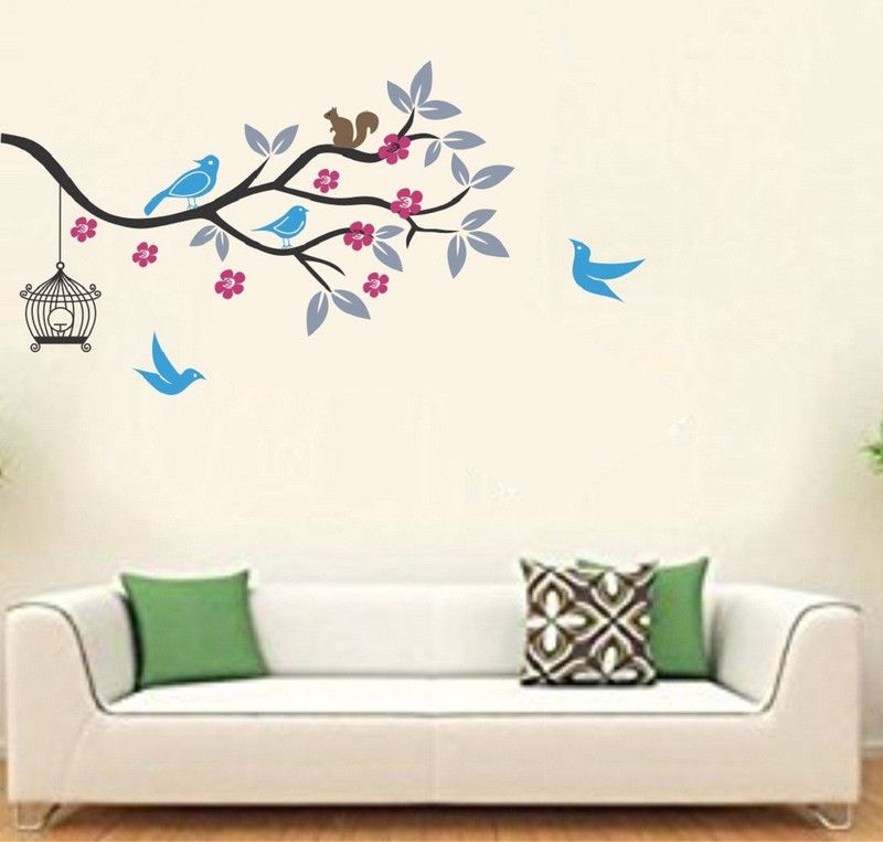 Asmi Collections 120 cm Beautiful Cage Birds Squirrel on a Tree Branch Removable Sticker  (Pack of 1)