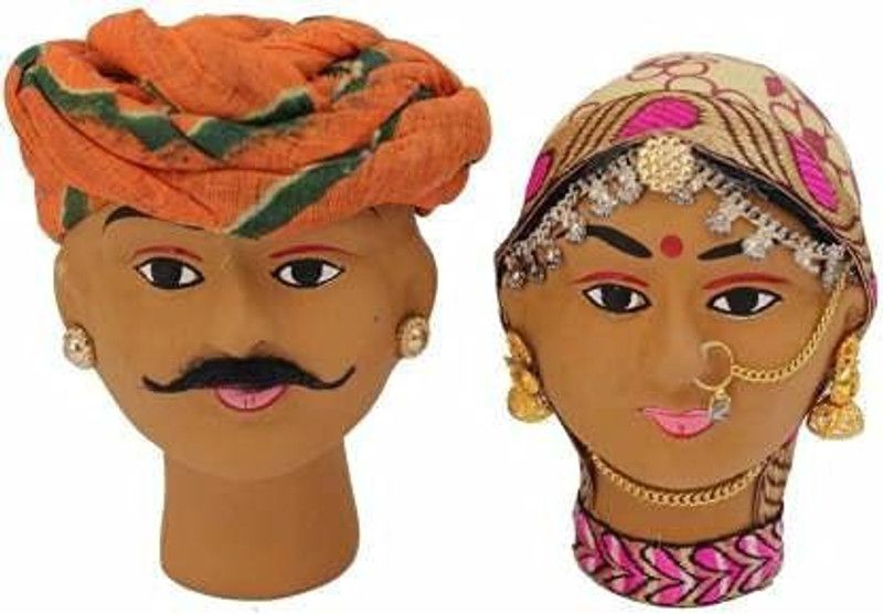 Renown Streets Multicolour Rajasthani Fems Puppet Pair Face Showpiece Decorative Showpiece - 15.24 cm  (Polyresin, Brown)
