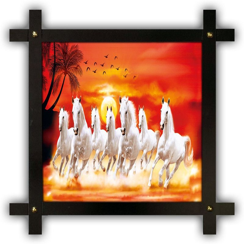 Poster N Frames Cross Wooden Frame Hand-Crafted with photo of vastu 7 (Seven) Horse 5171 crossframe Digital Reprint 16.5 inch x 16.5 inch Painting  (With Frame)