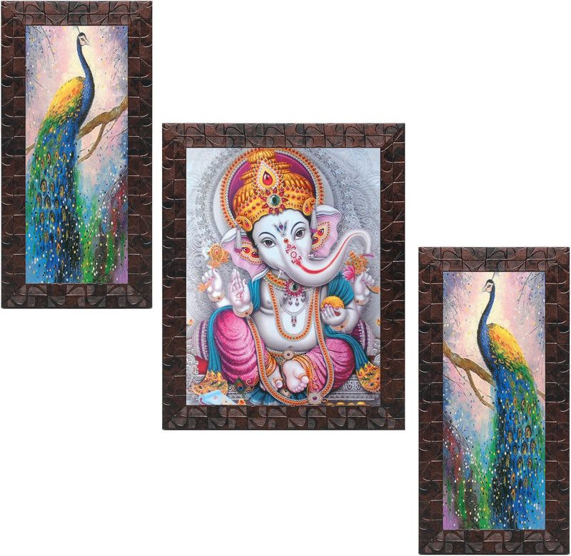 Indianara Set of 3 Ganesha with Peacocks Art Painting (4180GBNN) without glass Digital Reprint 13 inch x 10.2 inch Painting  (With Frame, Pack of 3)