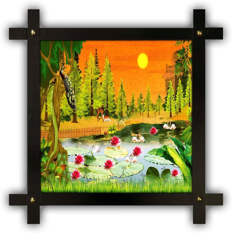 Poster N Frames Cross Wooden Frame Hand-Crafted with photo of Hand Painting Landscape Scenery 17513 Digital Reprint 16.5 inch x 16.5 inch Painting  (With Frame)