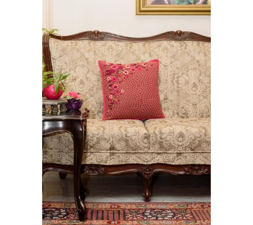 Bouquet/ Pink Printed & Hand Embroidered Cushion Cover by Ivoryniche