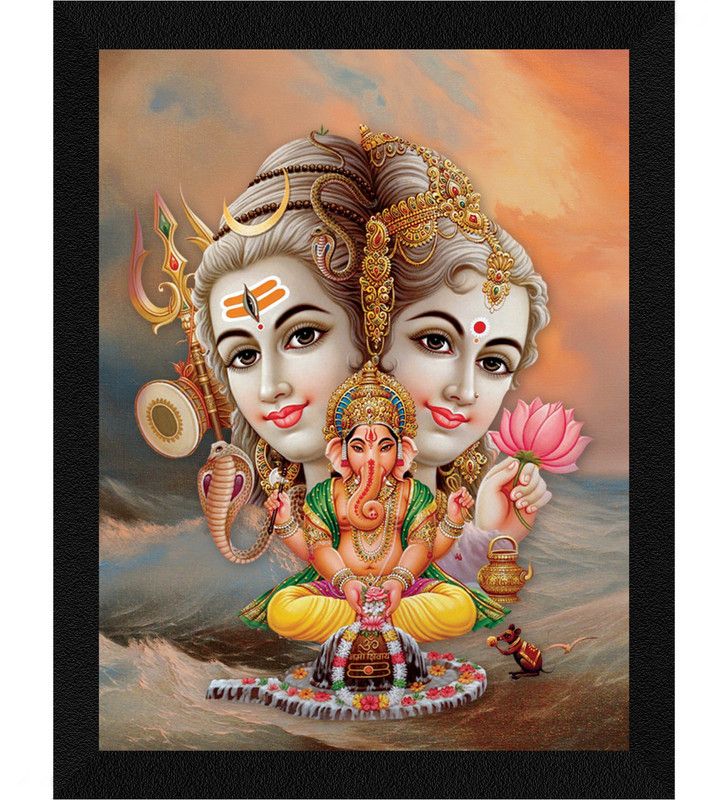 ArtX God Shiva Parvati Ganesh Ji Wall Painting For Home Decorative Ink 13.5 inch x 10.5 inch Painting  (With Frame)