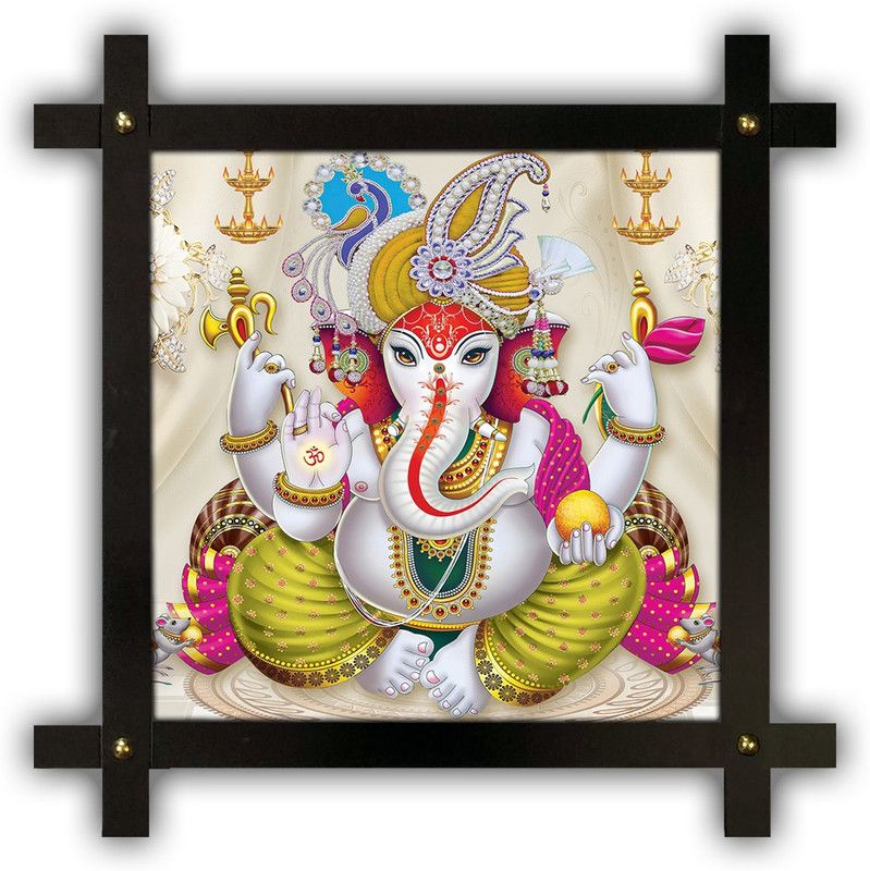 Poster N Frames Cross Wooden Frame Hand-Crafted with photo of Ganeshji (ganpati) 4281-crossframe Digital Reprint 16.5 inch x 16.5 inch Painting  (With Frame)