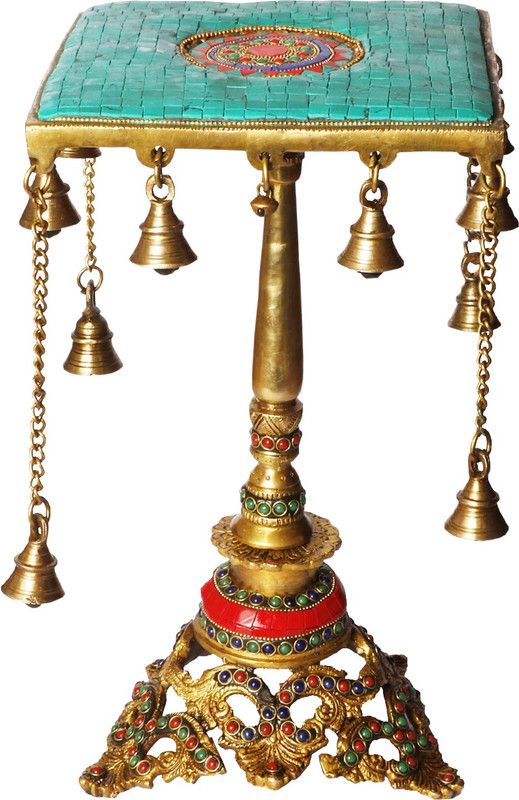 divineind Chowki (Table) with Hanging Bells Brass Decorative Showpiece - 38 cm  (Brass, Multicolor)