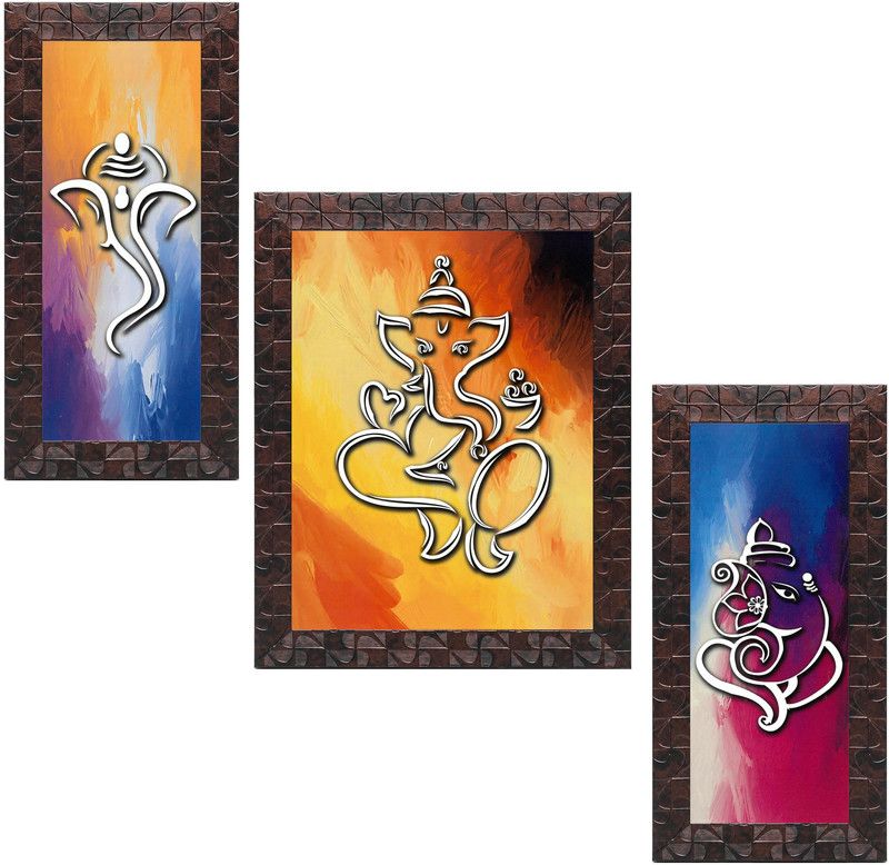 Indianara Set of 3 Lord Ganesha Framed Art Painting (3702GBNNa) without glass (6 X 13, 10.2 X 13, 6 X 13 INCH) Digital Reprint 13 inch x 10.2 inch Painting  (With Frame, Pack of 3)
