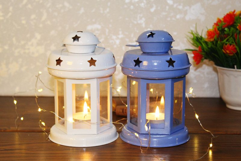 Handiwork Designer Lantern Iron Tealight Holder set Iron 1 - Cup Tealight Holder  (Blue, White, Pack of 2)