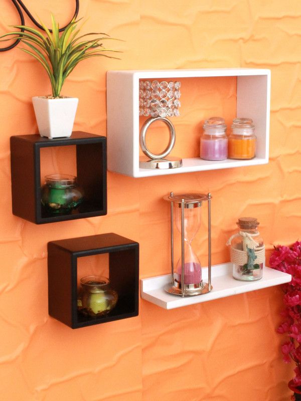 Set Of 4 Wall Shelves (White And Black) MDF (Medium Density Fiber) Wall Shelf (Number of Shelves - 4, White, Black) MDF (Medium Density Fiber) Wall Shelf  (Number of Shelves - 4, White, Black)
