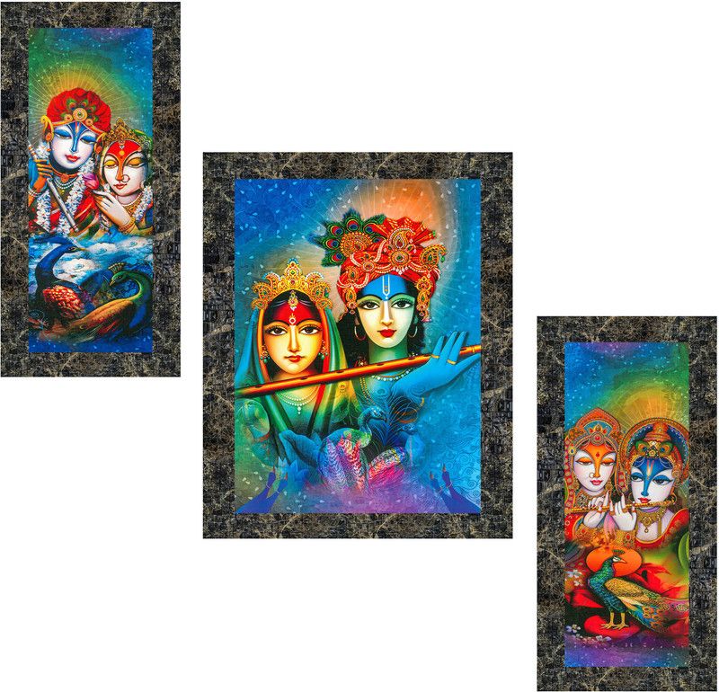 Indianara Set of 3 Radha Krishna Framed Art Painting (1414MGY) without glass (6 X 13, 10.2 X 13, 6 X 13 INCH) Digital Reprint 13 inch x 10.2 inch Painting  (With Frame, Pack of 3)
