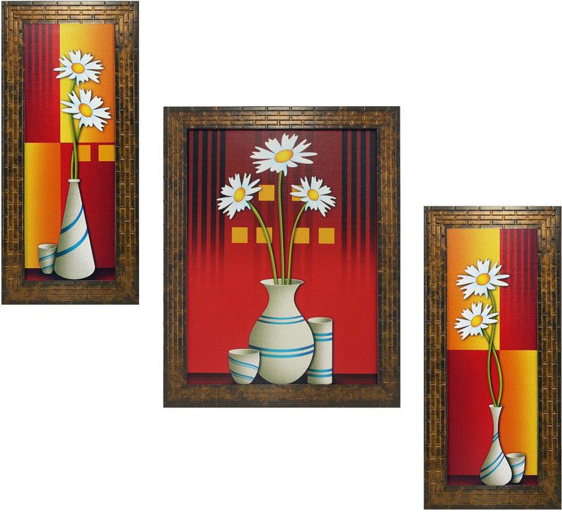 Indianara Flowers in Vases Digital Reprint 13 inch x 10.2 inch Painting  (With Frame, Pack of 3)