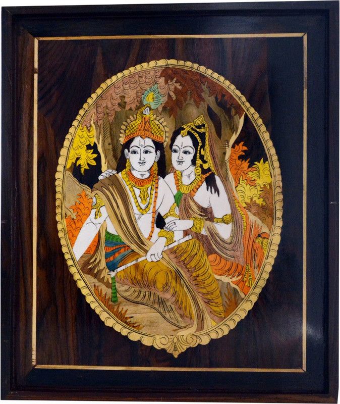 Santarms This Handcrafted Radha Krishna in Vrindavana Embossed 19 inch x 16 inch Painting  (With Frame)
