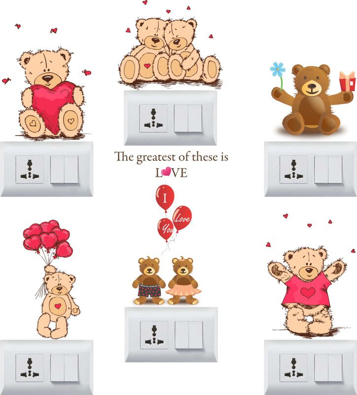 Design Zoo 13 cm Love Teddy Bear Switchboard Sticker Self Adhesive Sticker  (Pack of 6)