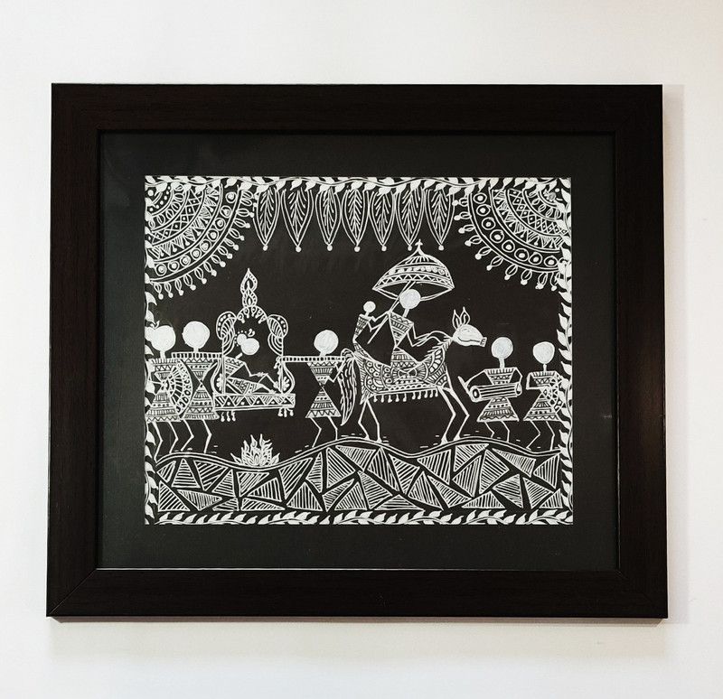 Shilpika Handmade Warli Tribal Marriage Procession Acrylic 12 inch x 14 inch Painting  (With Frame)