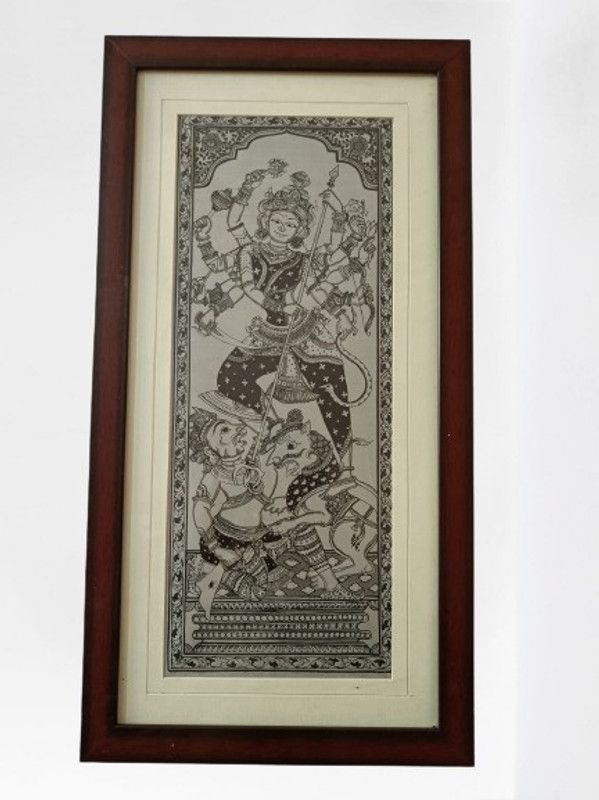 ODIA BAZAR Goddess Durga Designed Pattachitra galss and wooden framed Wall Hanging  (54 cm X 28 cm, Multicolor)
