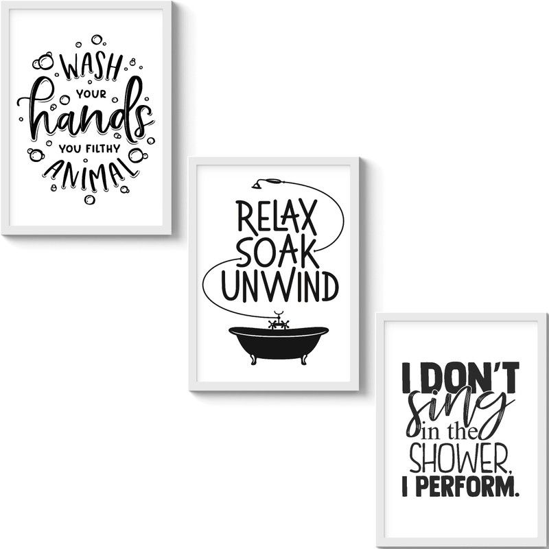 SC CREATIVES Set Of 3 Funny Typography Bathroom Wall Decor Painting | Home Decor Items Wall Hangings | Wooden Frame ( 16 X 12 Inches, White Color, Glass Front) Digital Reprint 16 inch x 12 inch Painting  (With Frame, Pack of 3)