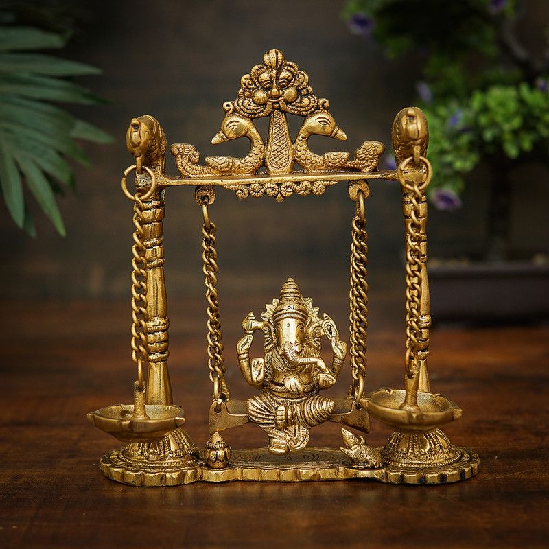 StatueStudio Ganesha Statue Swing Ganesh Murti Ganpati Idol for Home Decor, Diwali & Gift Decorative Showpiece - 22.86 cm  (Brass, Gold)