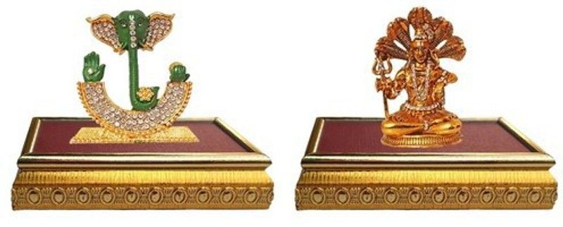 9facts Set of 2 with wooden base God Ganesh Idol Statue & Lord Shiva / Shiv Shankar God Idol Home Décor Pooja Statue Gift Decorative Showpiece Decorative Showpiece - 10 cm  (Brass, Multicolor)