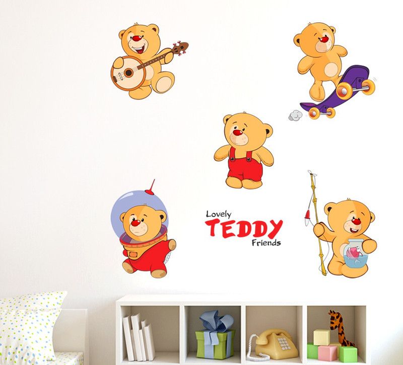 Wallzone 120 cm Teddy Friends Multi Pvc Vinyl Wallsticker For Decorations Self Adhesive Sticker  (Pack of 1)