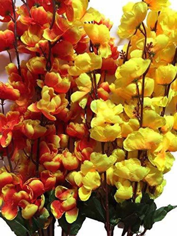 Kanha Artificial Flowers for Home Decoration Blossom Bunch yellow and yellow /red mix Yellow, Red Orchids Artificial Flower  (23 inch, Pack of 2, Flower Bunch)