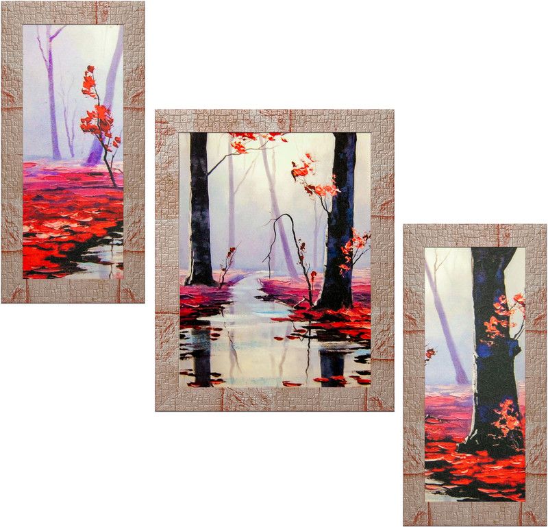 Indianara Set of 3 Beautiful Lake in the Jungle Framed Art Painting (3567MR) without glass (6 X 13, 10.2 X 13, 6 X 13 INCH) Digital Reprint 13 inch x 10.2 inch Painting  (With Frame, Pack of 3)