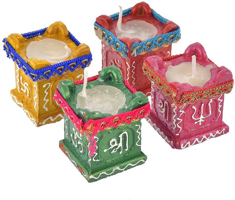 Parnika Clay and Terracotta Hand Painted Candle  (Multicolor, Pack of 4)