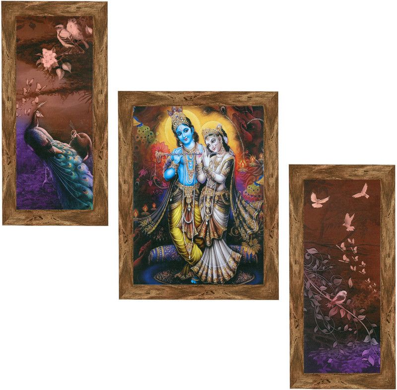 Indianara Set of 3 Radha Krishna with Peacocks Art Painting (4182WNT) without glass Digital Reprint 13 inch x 10.2 inch Painting  (With Frame, Pack of 3)