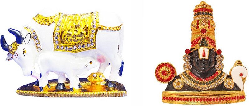 FABZONE Combo of 2 Kamadhenu Cow N Calf & Tirupati Balaji Statue Handicraft Car Dashboard Spiritual Vastu Pooja Figurine Sculpture / Designer Stone Studded Gau Mata Animal Puja Religious Decorative Showpiece - 10 cm  (Brass, Multicolor)